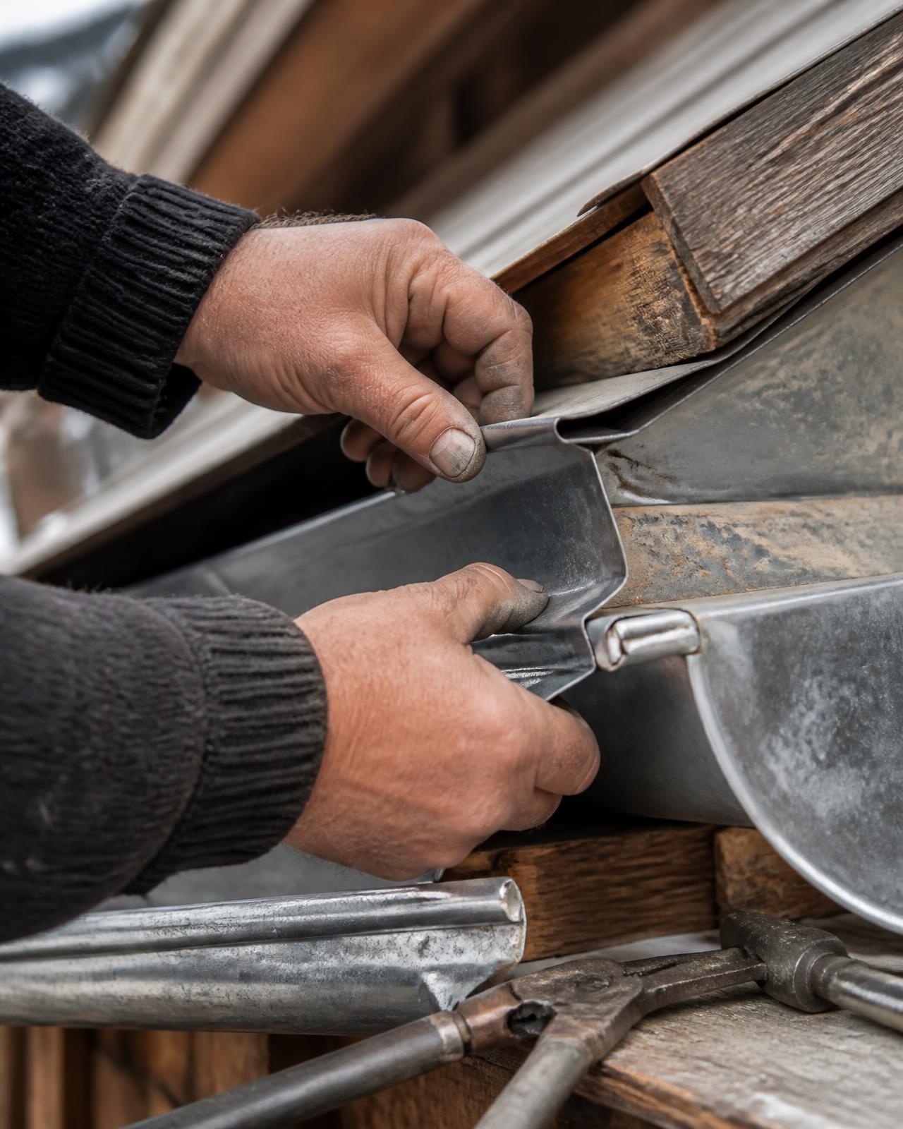 Mains de l'artisan façonnant une gouttière en zinc